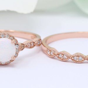 Rose Gold Art Deco Two Piece Bridal Set Round Lab